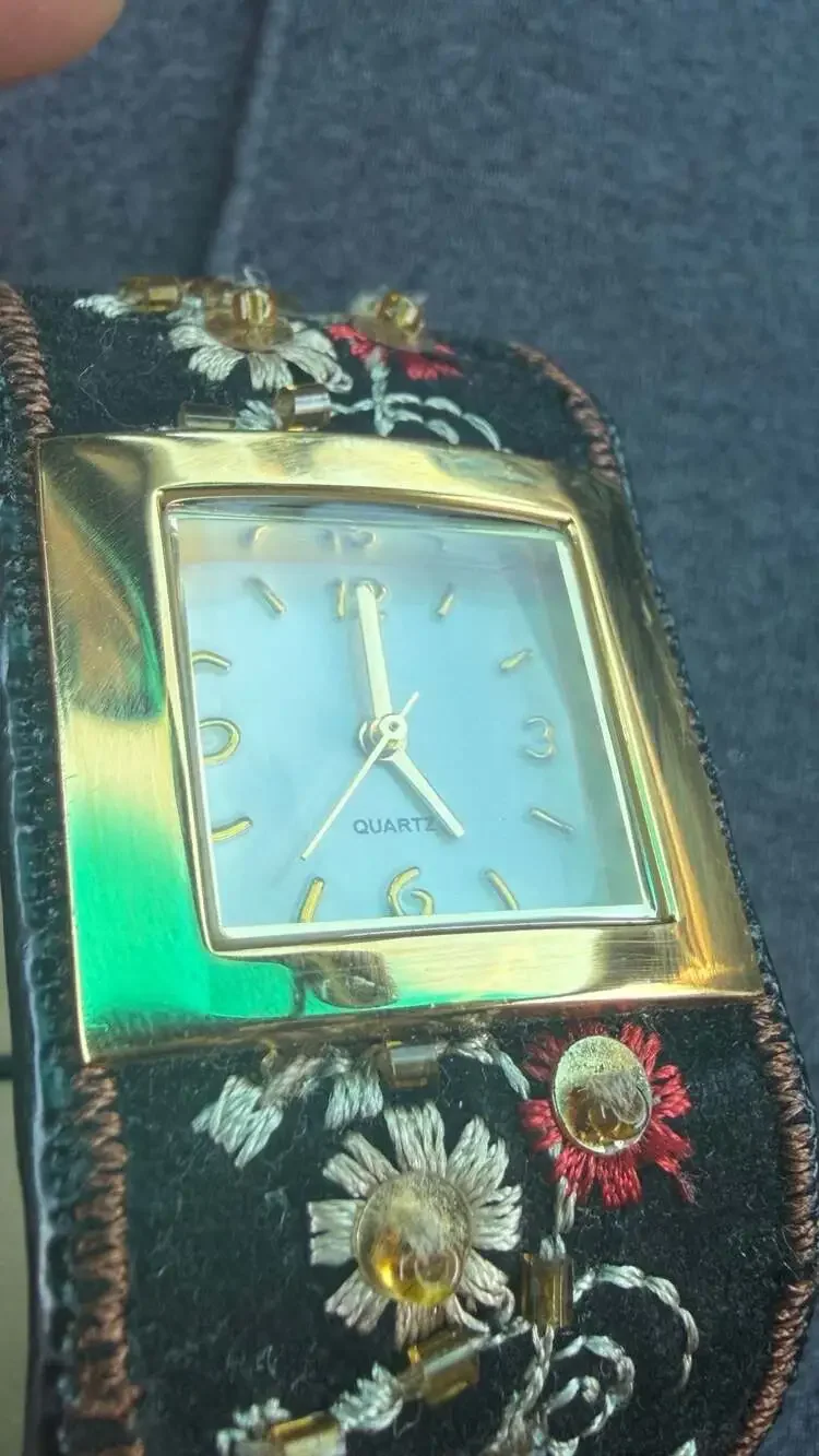 Vintage Avon Boho Floral Embroidered Wide Cuff Watch Beaded Sequined Square Gold